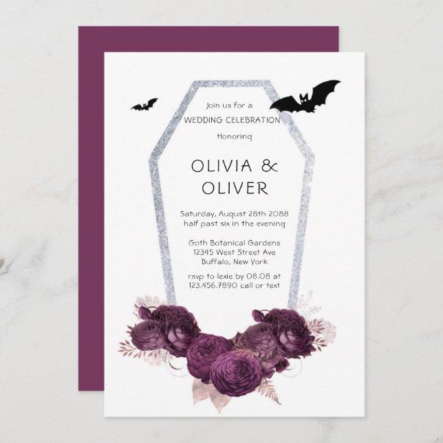  Purple and Silver Peony Coffin Bats Wedding Invitation (Front/Back)