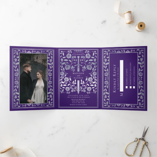 Purple and Silver Royal Mediaeval Sword Wedding Tri-Fold Invitation (Inside)
