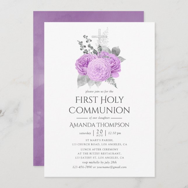 Purple and Silver Vintage Rose Holy Communion Invitation (Front/Back)