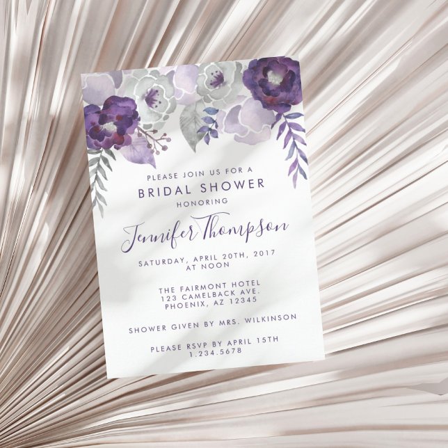 Purple and Silver Watercolor Floral Bridal Shower Invitation (Purple and Silver Watercolor Floral Bridal Shower Invitation)