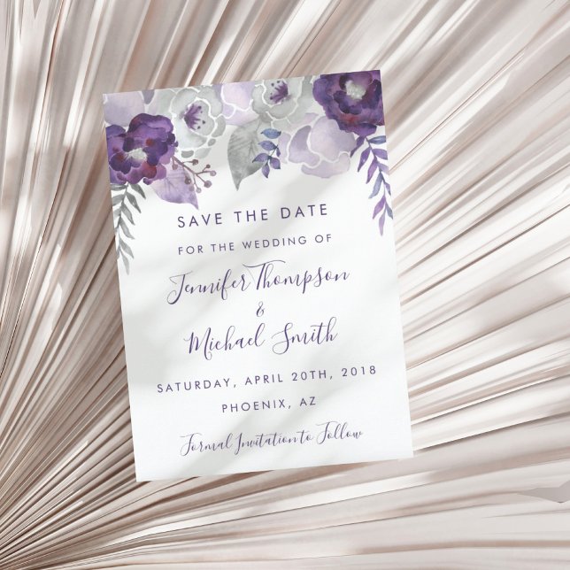 Purple and Silver Watercolor Floral Save the Date (Purple and Silver Watercolor Floral Save the Date)