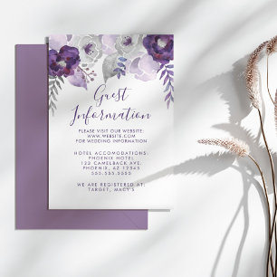 Purple and Silver Watercolor Floral Wedding Info Enclosure Card