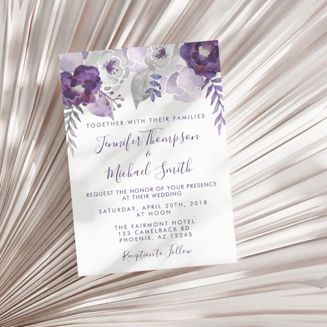 Purple and Silver Watercolor Floral Wedding Invitation (Purple and Silver Watercolor Floral Wedding Invitation)