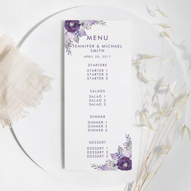 Purple and Silver Watercolor Floral Wedding Menu (Purple and Silver Watercolor Floral Wedding Menu)