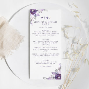 Purple and Silver Watercolor Floral Wedding Menu