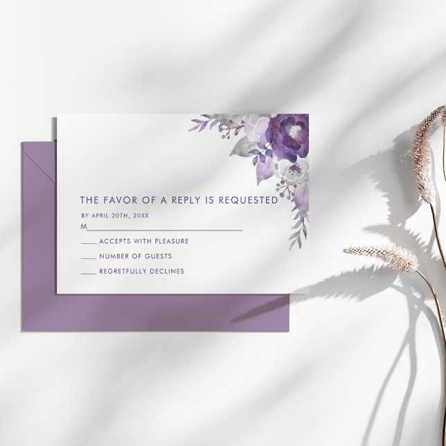 Purple and Silver Watercolor Floral Wedding RSVP Card (Purple and Silver Watercolor Floral Wedding RSVP Card)