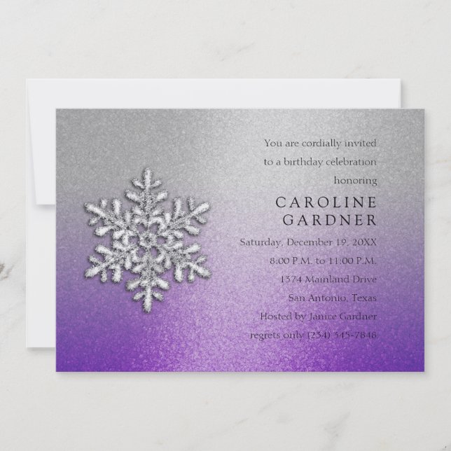 Purple and Silver with Snowflake Winter Birthday Invitation (Front)