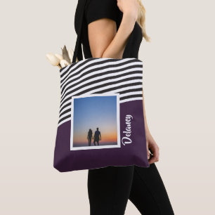 Purple and Striped Pattern Personalised Photo Tote Bag