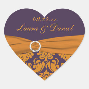 Purple and Tangerine Damask Heart Shaped Sticker