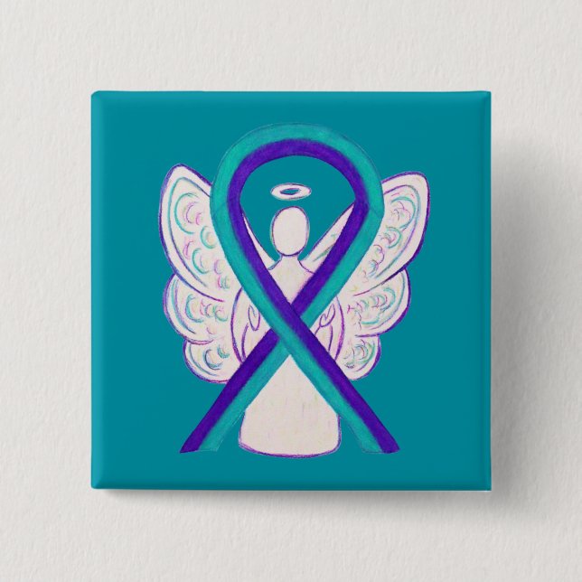 Purple and Teal Awareness Ribbon Angel Button Pin (Front)