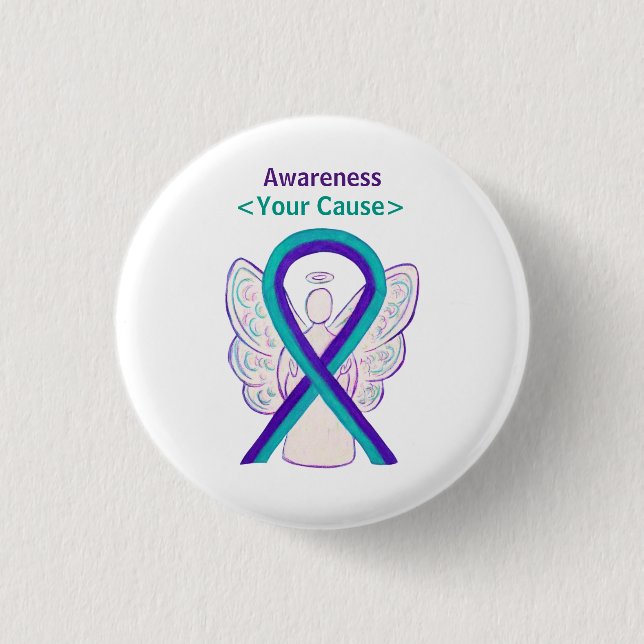 Purple and Teal Awareness Ribbon Angel Pin Button (Front)