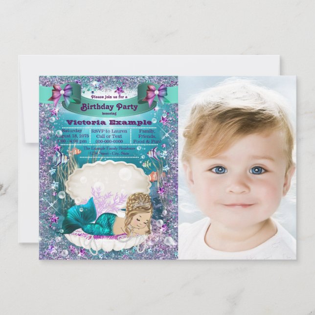 Purple and Teal Blonde Mermaid Birthday Party Invitation (Front)