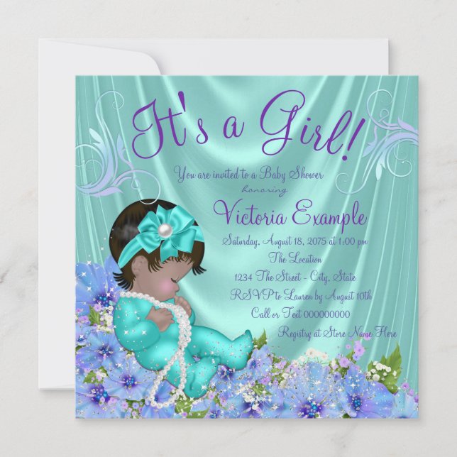 Purple and Teal Blue Floral Ethnic Baby Shower Invitation (Front)