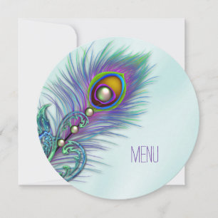 Purple and Teal Blue Peacock Wedding Menu Invitation