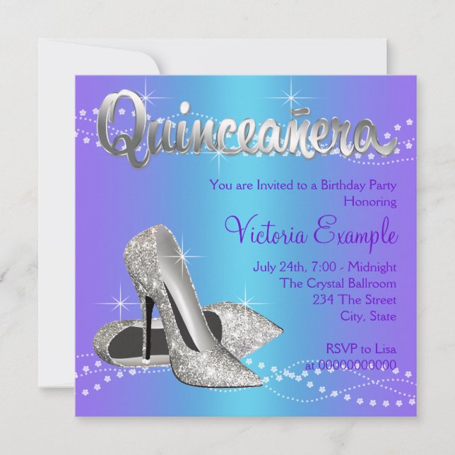 Purple and Teal Blue Quinceanera Invitation (Front)