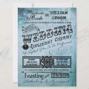 Purple and Teal Blue Vintage Typography Wedding Invitation