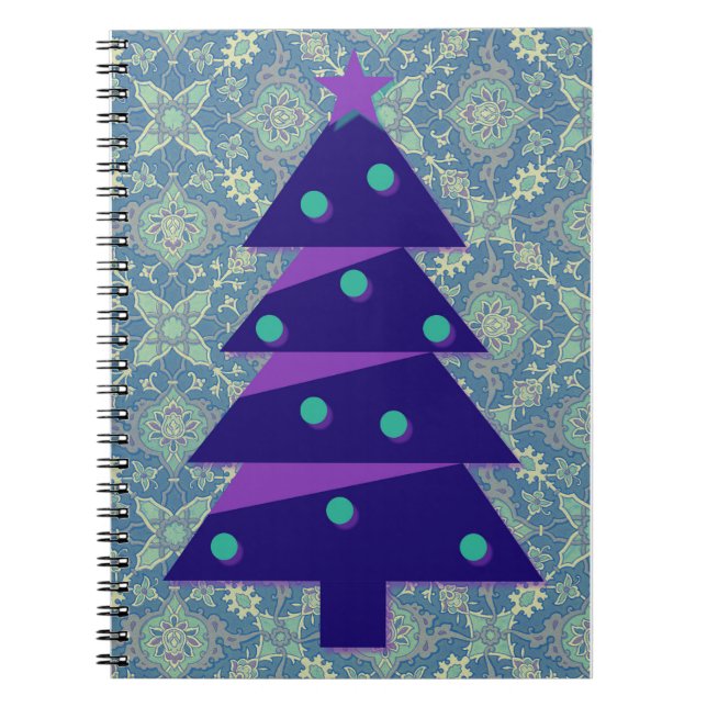 Purple and Teal Christmas Tree Vintage Style Notebook (Front)