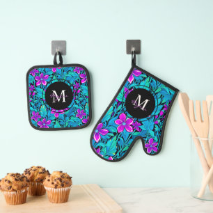 Purple and Teal Flowers and Foliage Personalised Oven Mitt & Pot Holder Set