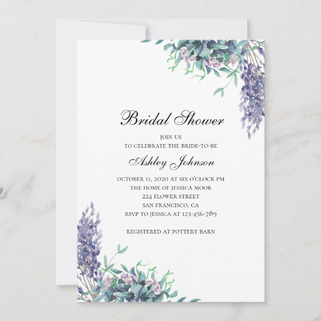 Purple and teal flowers. Bridal shower invitation (Front)