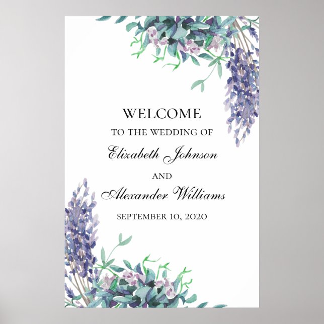 Purple and teal flowers. Wedding welcome sign (Front)
