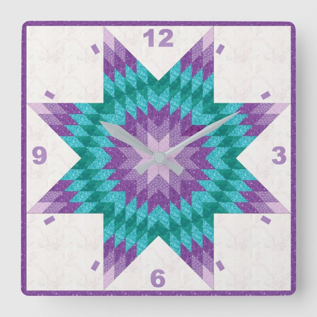 Purple and Teal Lone Star Quilt Design Square Wall Clock (Front)