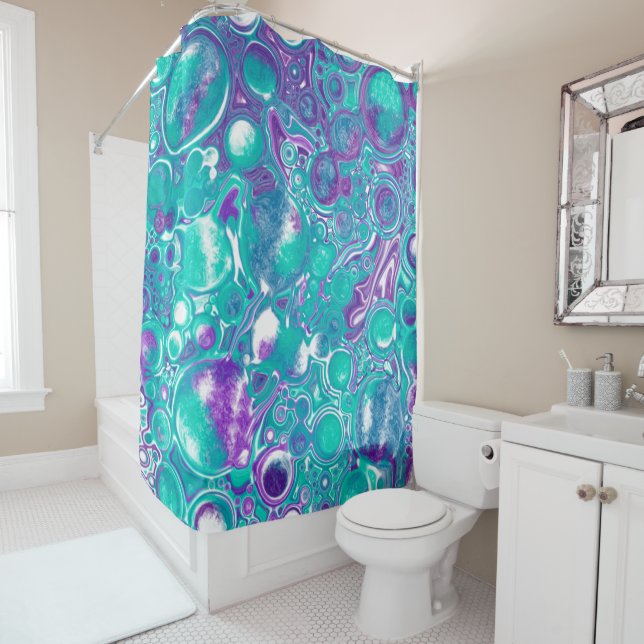 Purple and teal marble fluid art Bubbles Shower Curtain (In Situ)