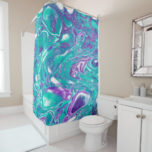 Purple and teal marble fluid art cells shower curtain