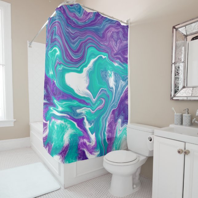 Purple and teal marble fluid art shower curtain (In Situ)