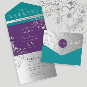 Purple and Teal Silver Wedding All In One Invitation