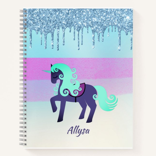 Purple and Teal Unicorn with Faux Dripping Glitter Notebook (Front)