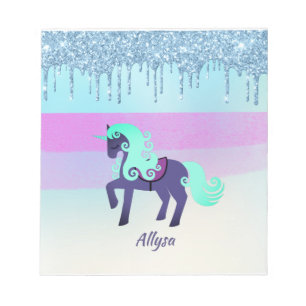 Purple and Teal Unicorn with Faux Dripping Glitter Notepad