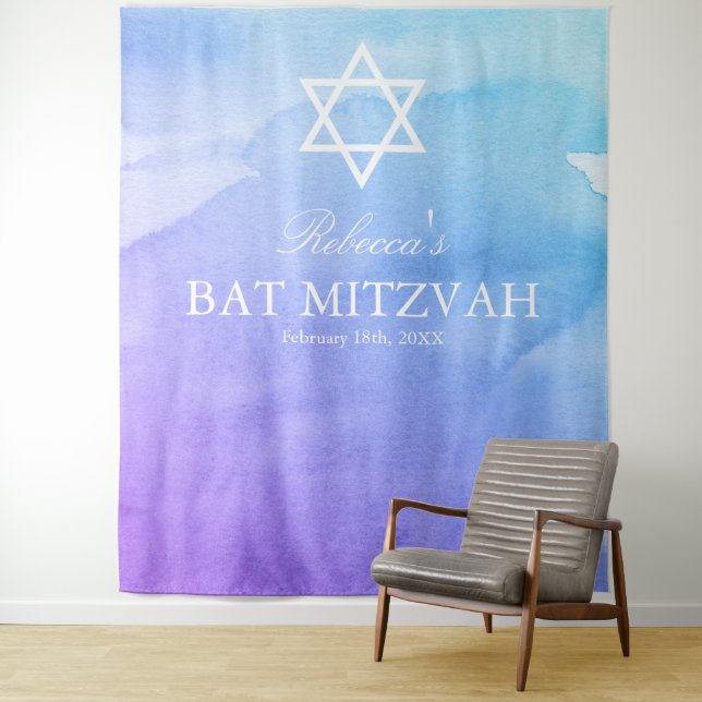 Purple and Teal Watercolor Bat Mitzvah Backdrop Tapestry (In Situ)