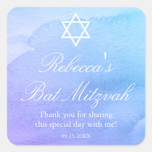 Purple and Teal Watercolor Bat Mitzvah Favour Square Sticker (Front)