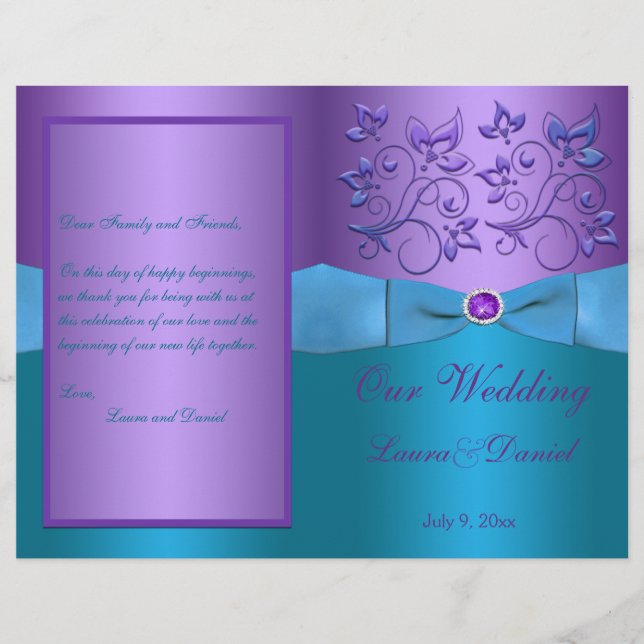 Purple and Turquoise Floral Wedding Program (Front)