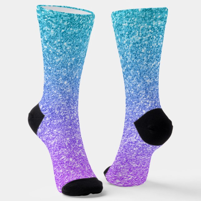 Purple and turquoise gradient faux glitter texture socks (Angled)