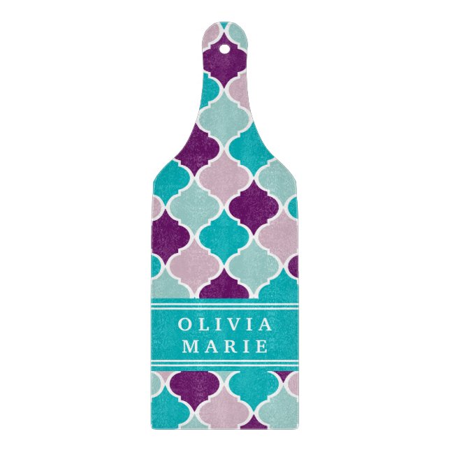 Purple and Turquoise Lattice Pattern with Name Cutting Board (Front)