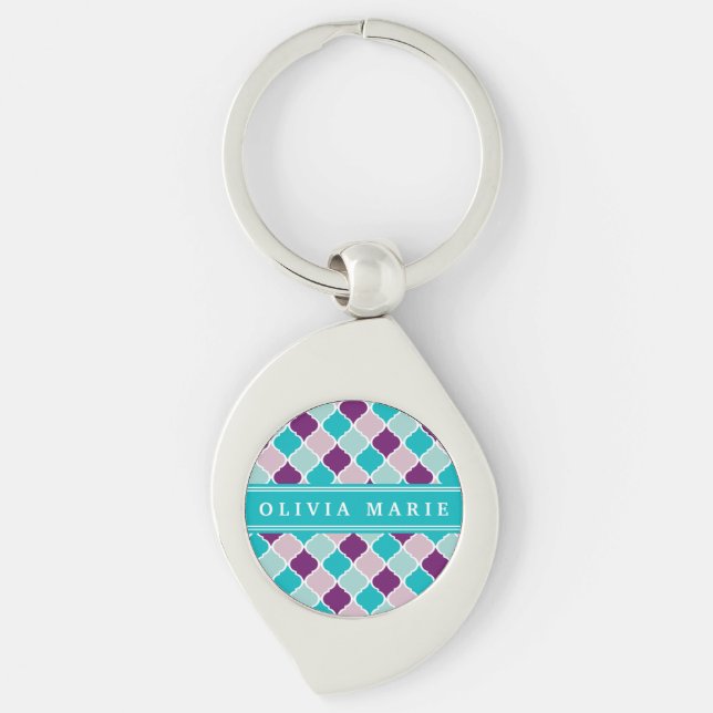 Purple and Turquoise Lattice Pattern with Name Key Ring (Front)