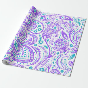 Purple and turquoise paisley pattern on white wrapping paper