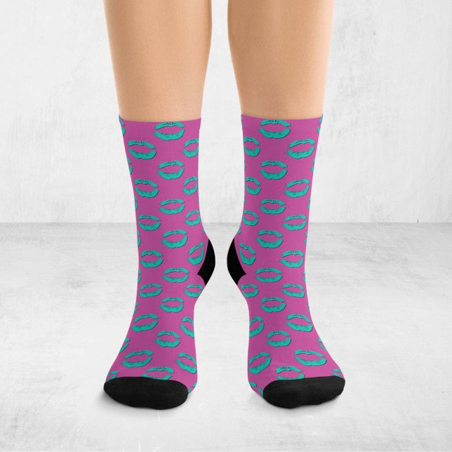 Purple and Turquoise Pop Art Kissing Lips XOXO Socks (Creator Uploaded)