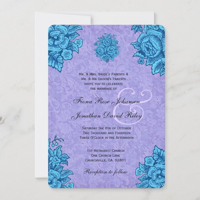 Purple and Turquoise Vintage Flowers Wedding V31 Invitation (Front)