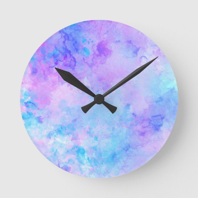 Purple and Turquoise Watercolor Splashes Round Clock (Front)