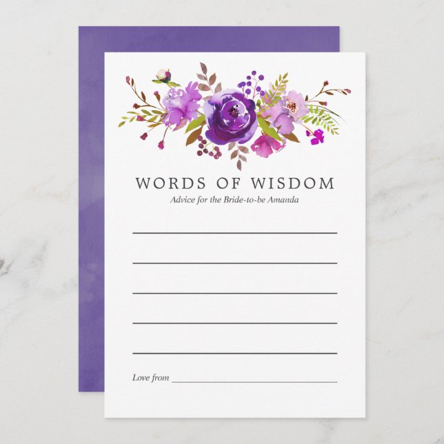 Purple and Violet Watercolor Bridal Shower Advice Invitation (Front/Back)