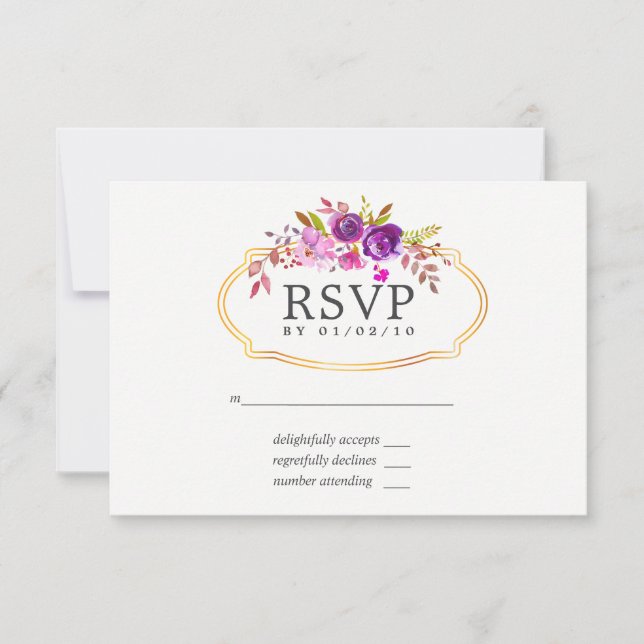 Purple and Violet Watercolor Floral Wedding RSVP Card (Front)