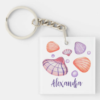 Purple and Violet Watercolor Seashells with Name Key Ring