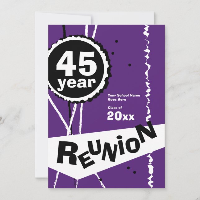 Purple and White 45 Year Class Reunion Invitation (Front)