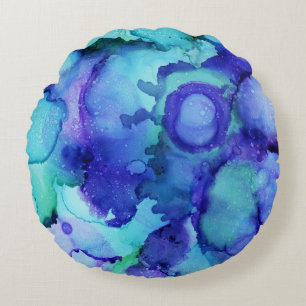 Purple and white abstract painting round cushion