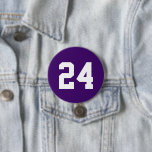 Purple and White Athlete Jersey Number 7.5 Cm Round Badge<br><div class="desc">Cheer on your favourite sports team, football player or just show off your school pride with a custom personalised spirit button! Personalise with a player's jersey number or other custom text. Perfect for football, basketball, baseball and soccer games! Create custom pins for the whole team, cheerleaders, parents and siblings to...</div>