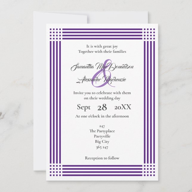 Purple and white bordered wedding invitation (Front)