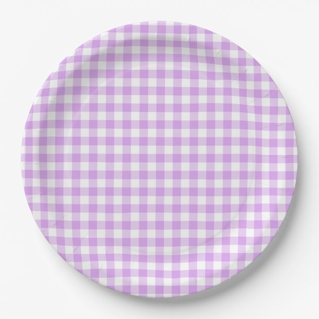 Purple and White Buffalo Checks BBQ Engagement Paper Plate (Front)