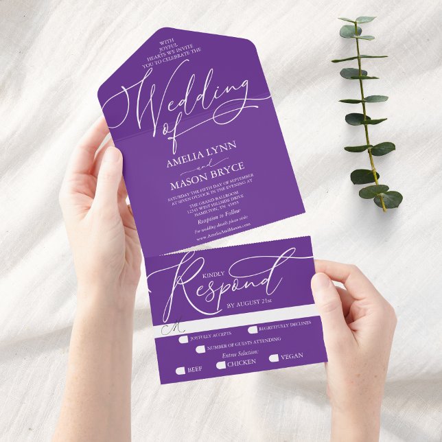 Purple and White Calligraphy Script Wedding All In One Invitation (Purple modern elegant script calligraphy all in one wedding invitation)